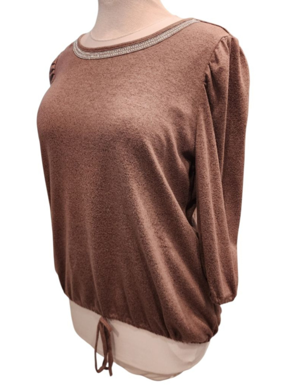 Retrology Brown Rhinestone Embellished Top XL 3/4 Ruched Sleeve Drawstring Hem - Picture 3 of 11